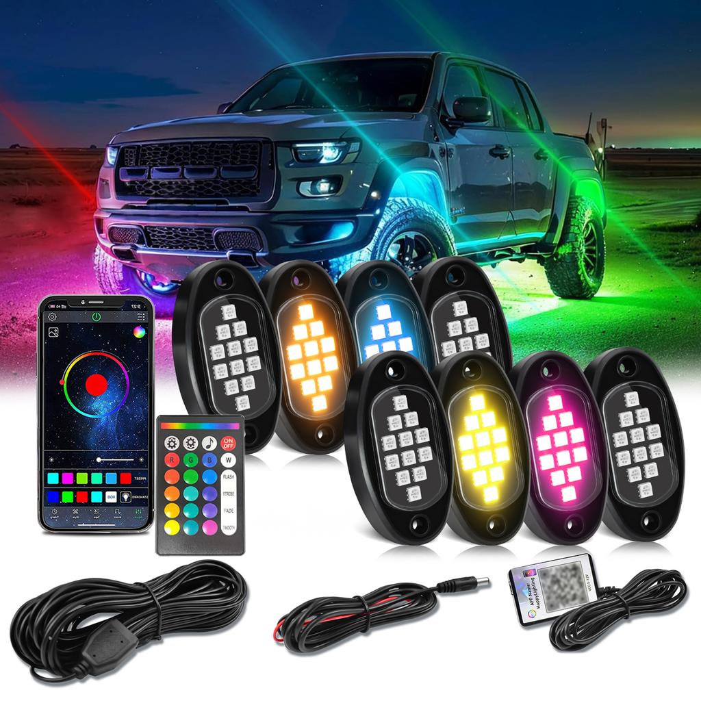 RGB Car Underglow Lights, Multicolor LED Underbody Rock Light Kit, 8 Pods Accent Lighting with Phone App, Remote