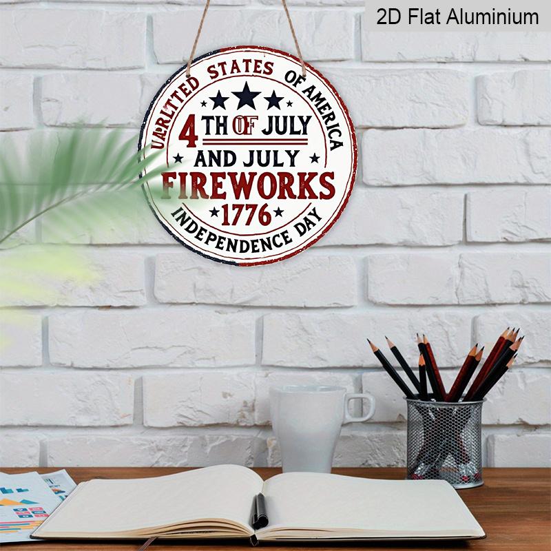 2D Flat, 1pc Round Aluminum Hanging Sign, Vintage 4th of July Metal Wall Art, USA Independence Day Fireworks Design, Perfect for Front Door, Porch