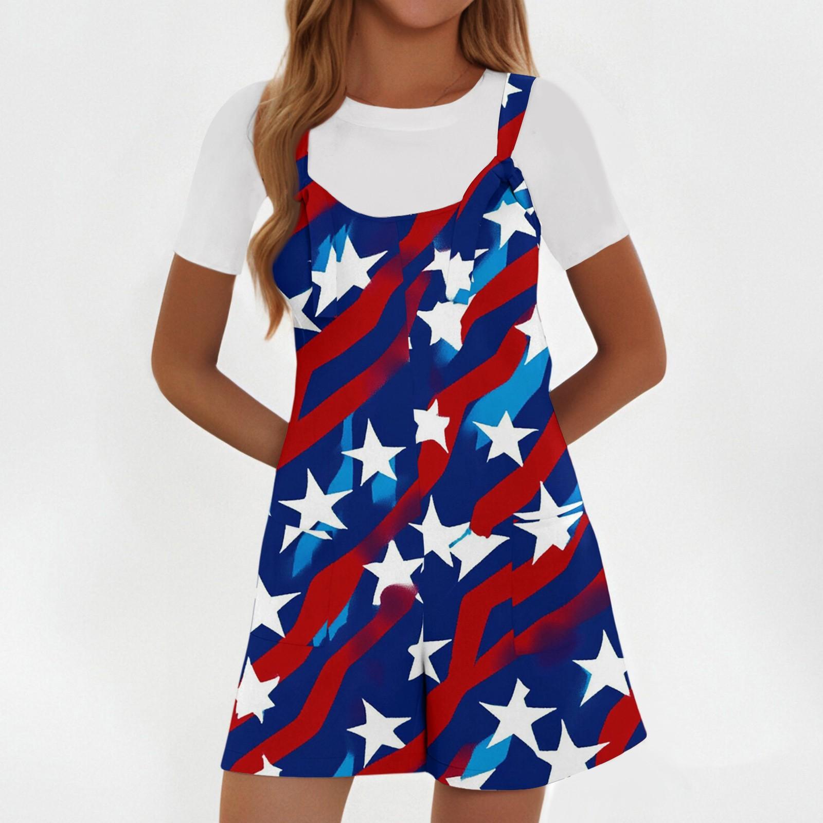 

Girls Sleeveless Romper American Flag Print Casual Short Overalls Adjustable Straps Lightweight Summer Playsuit 140
