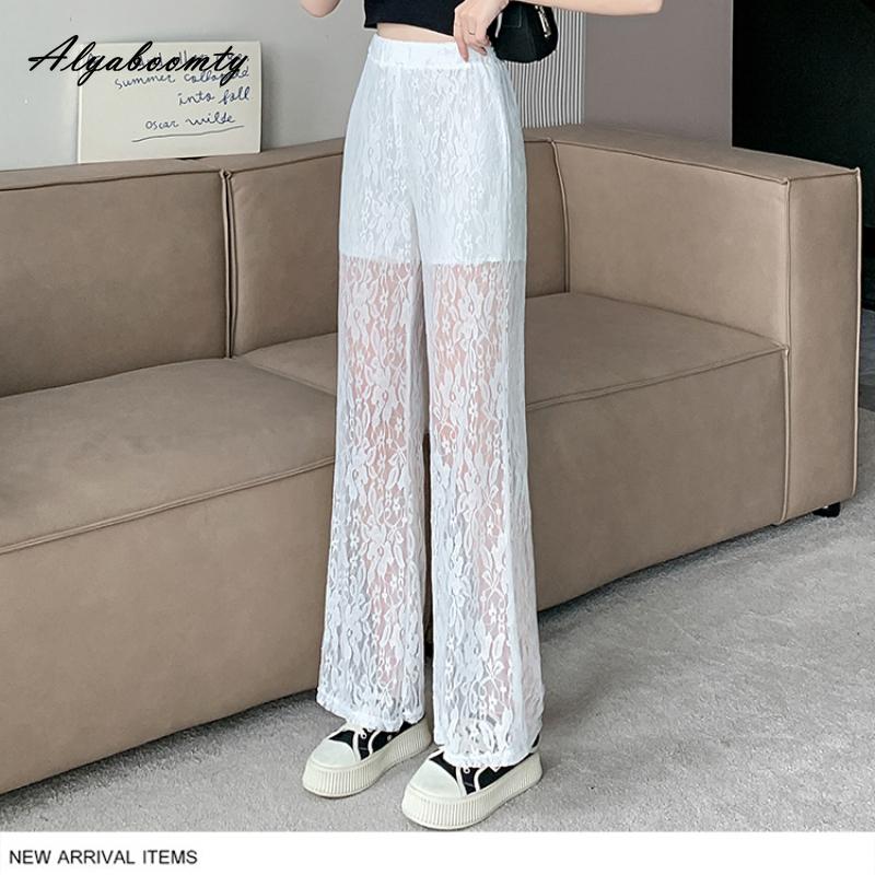 Korejská móda letní dámské bílé krajkové kalhoty s elastickým pasem, tenké stylové dámské elegantní ženské kalhoty se širokými nohavicemi