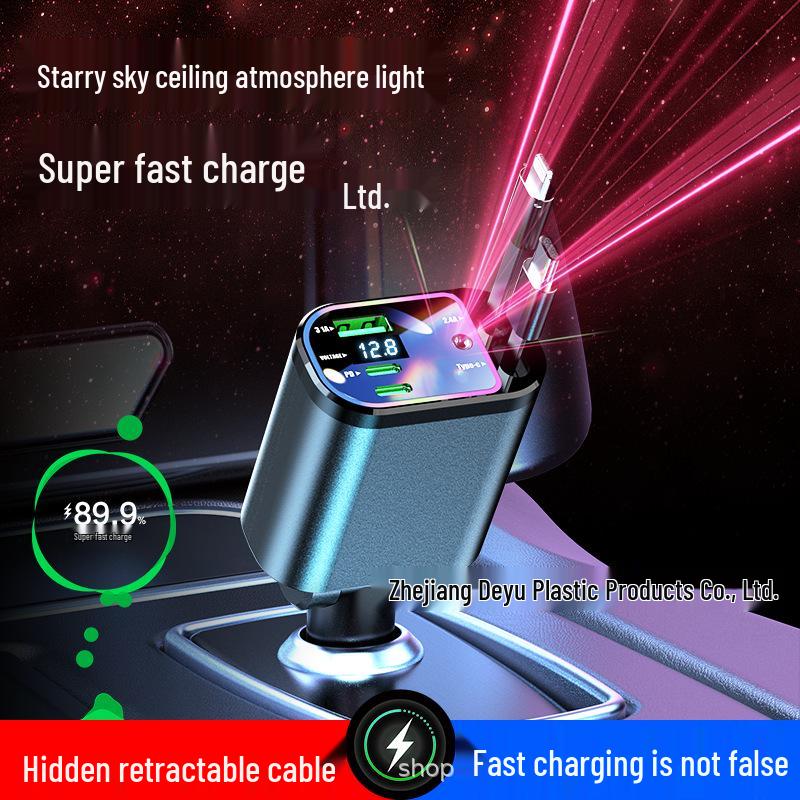 Hvězdná obloha Projektorové světlo 4 v 1 120W Nabíječka do auta s vysouvacím kabelem a rychlým nabíjením Digitální displej