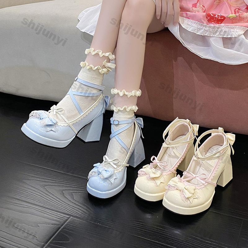 Women High Heel Lolita Mary Janes Shoes Ladies Chunky Platform Square Toe Patent Leather Sandals Soft Girl Sweet Cute Bow Shoes