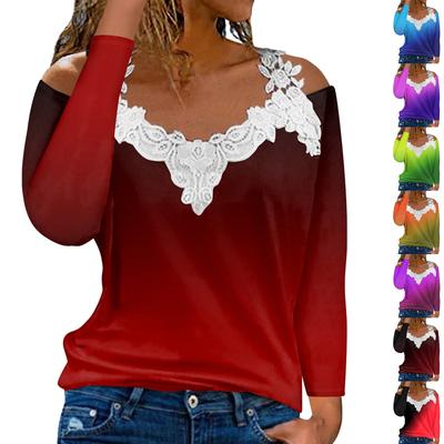Fashionable Lace V-neck Pullover Long Sleeve Gradient Print Top  Casual T-shirt