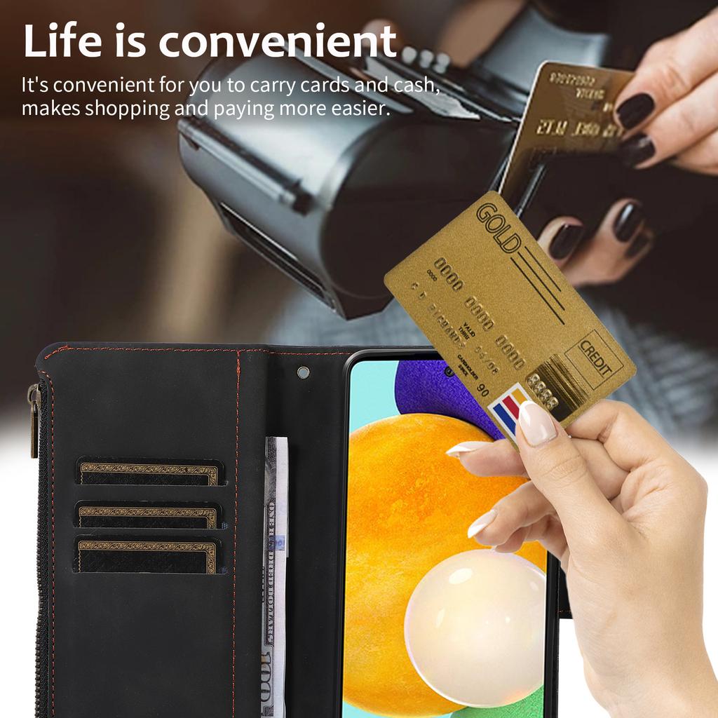 For Samsung Galaxy A23 4G/A23 5G (Global Version) Zipper Pocket Phone Case Imprinted Leather Wallet Stand Cover with 9 Card Slots