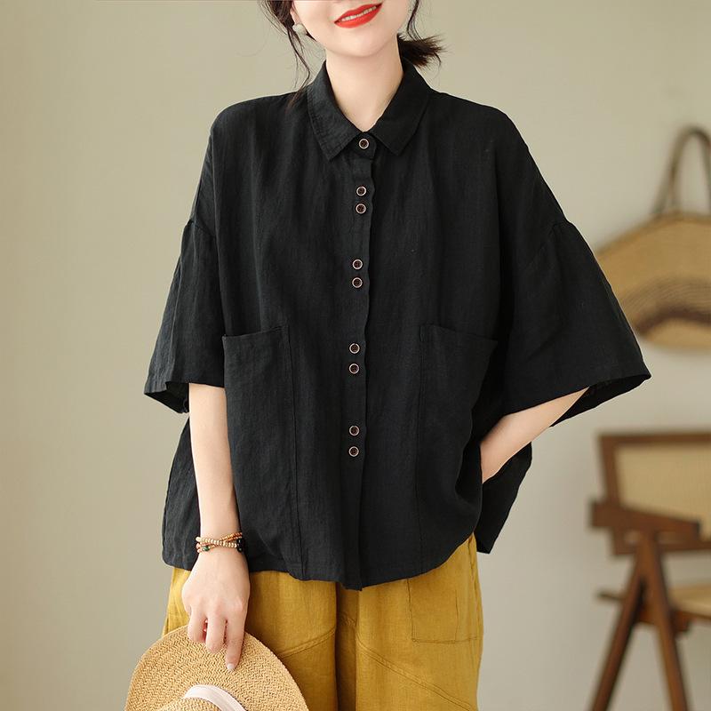 

Women s Solid Color Short Sleeve Blouse with Turn-Down Collar M чёрный