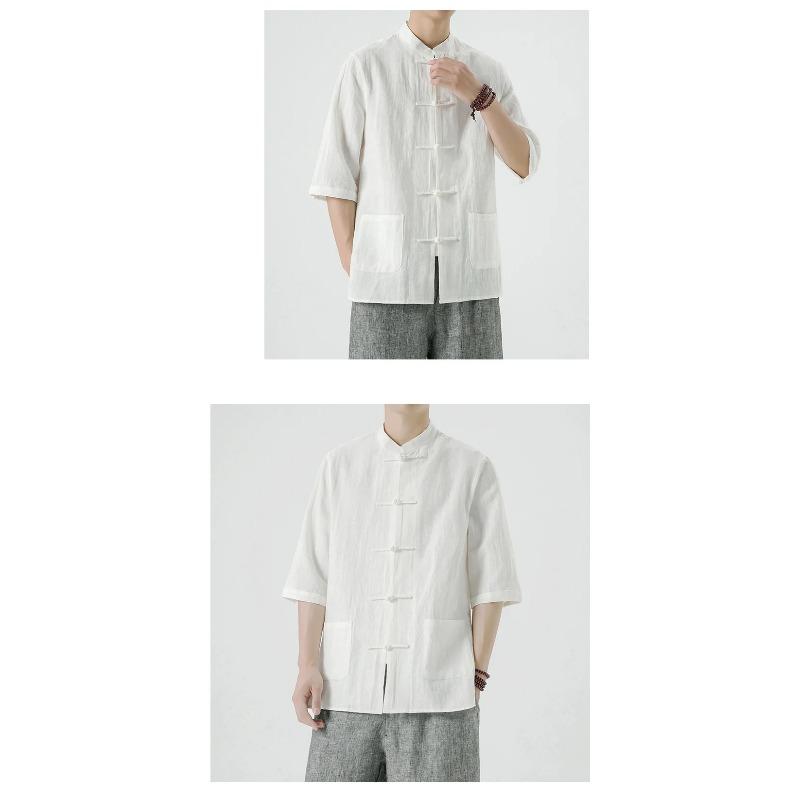 Chinese Style Mens Linen Summer Shirt Retro Stand Collar Half Sleeve Chinese Kong Fu Suit Men Hanfu