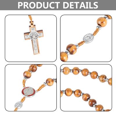 Collier de Prière Rosaire Religieux pour Hommes Femmes Perles en Bois Pendentif Croix de Jésus Bijoux Religieux Cadeau Première Communion