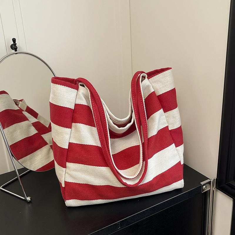 Travel bag canvas bag office worker commuter women large capacity Korean version striped fashion shoulder bag canvas bag shopping