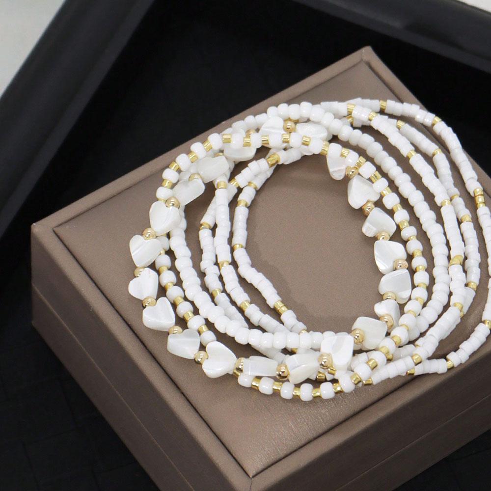 6pcs Set Of Delicate White Bead Heart & Shell Handmade Beaded Elastic Multi-Layer Bracelets For Valentine's gift B082