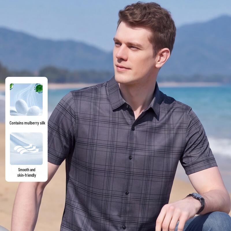 

Men s Silk Blend Plaid Short Sleeve Business Shirt 52