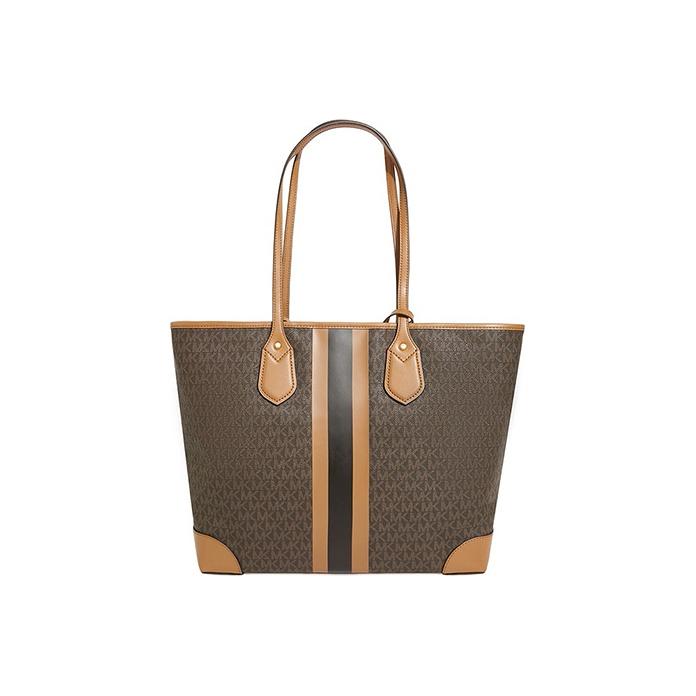 Michael Kors Eva Monogram Logo Stripe Color Block Coated Canvas Tote Bag Women Tote Apple-Brown 30T9GV0T7B-252