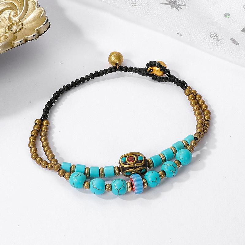 Ethnic Style Hand-woven Retro Color Beaded Bracelet Tibetan Pure Copper Bracelet Bell Antique Hand Rope Women's Jewelry