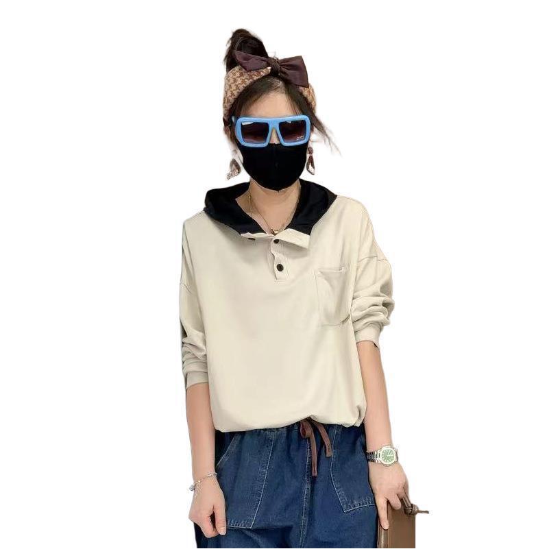 Women's Autumn Half-Zip Hooded Sweatshirt with Pockets and Drawstring Waist
