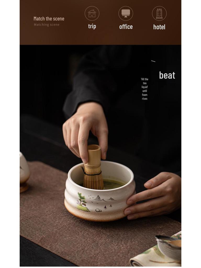 Japanese Ceramic Matcha Tea Set: Large Bowl, Whisk, Sieve, and Bamboo Whisk - 8 Pieces