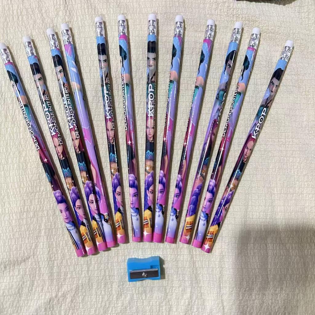 new Kpop Demon Hunters Cartoon HB Pencils 12PCS with Pencil Roll Holder Student Stationery Set for Writing Painting  School Use