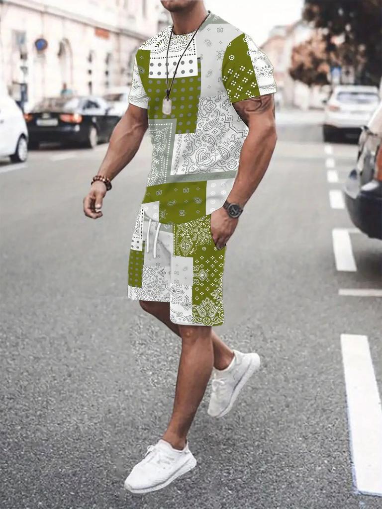 Plus Size Men 3D Print Round Neck T-Shirt Drawstring Shorts Set