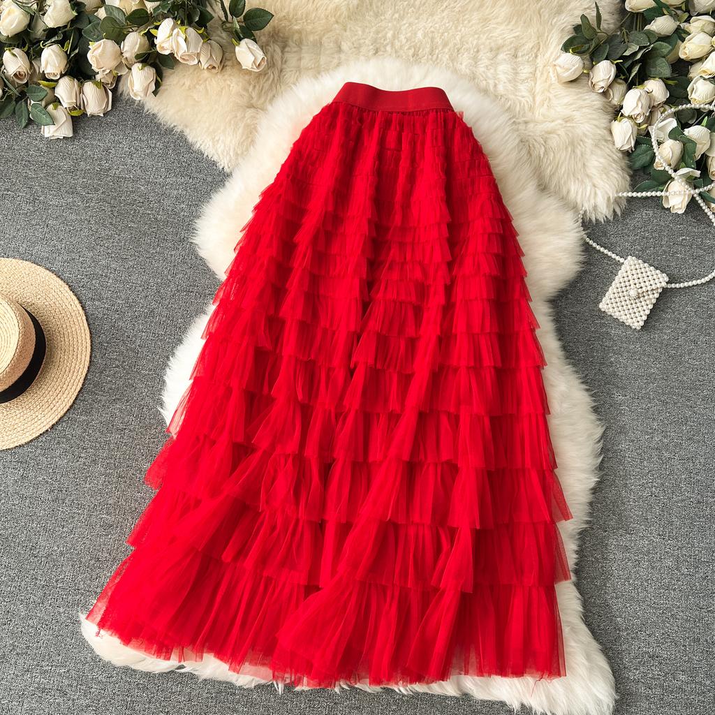Summer Women Elegant Ruffles Mesh Elstic Waist Long Midi Cake Skirt
