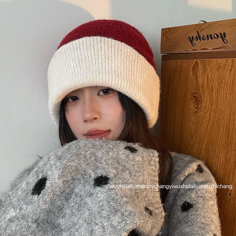 Jesienno-zimowa czapka dzianinowa w blokach kolorystycznych: Styl koreański, Dwuwarstwowy, Ochrona uszu, Wiatroodporny, Zimnoochronny, Wyszczuplający krój do jazdy na rowerze