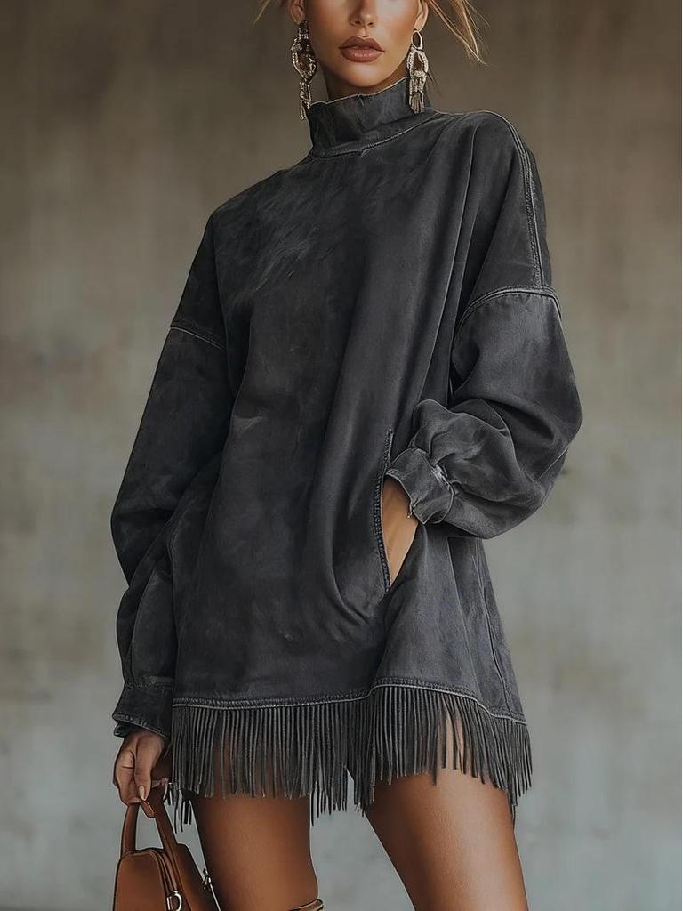 European & American Retro High Collar Suede Tassel Dress with Pockets