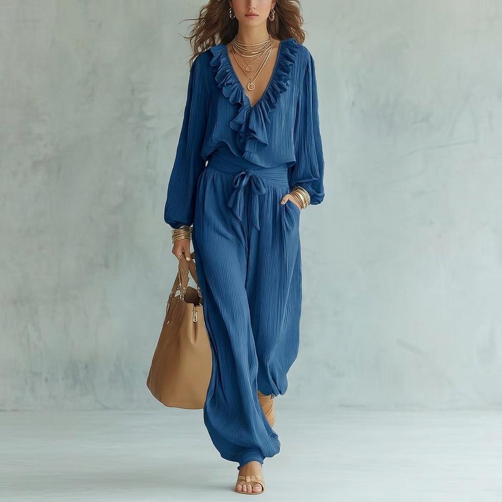 Tuta da donna con scollo a V, maniche lunghe, volant, vita alta, cintura da annodare, caviglie con polsini, per uso casual quotidiano