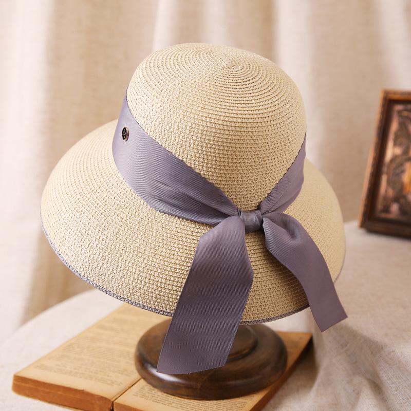 Hepburn Bow Ribbon Sun Hat Women'S Straw Hat Bucket Hat Color Sunscreen Sun Hat Beach Hat
