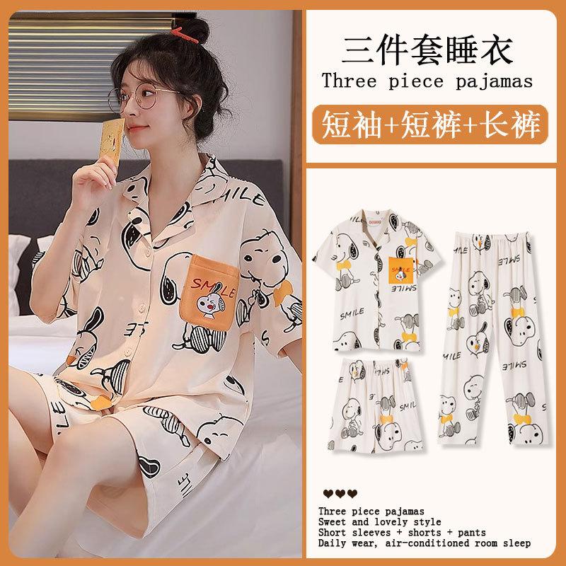 Mikko summer three-piece pajamas women's pure cotton short-sleeved trousers ins Japanese summer spring and autumn loungewear set