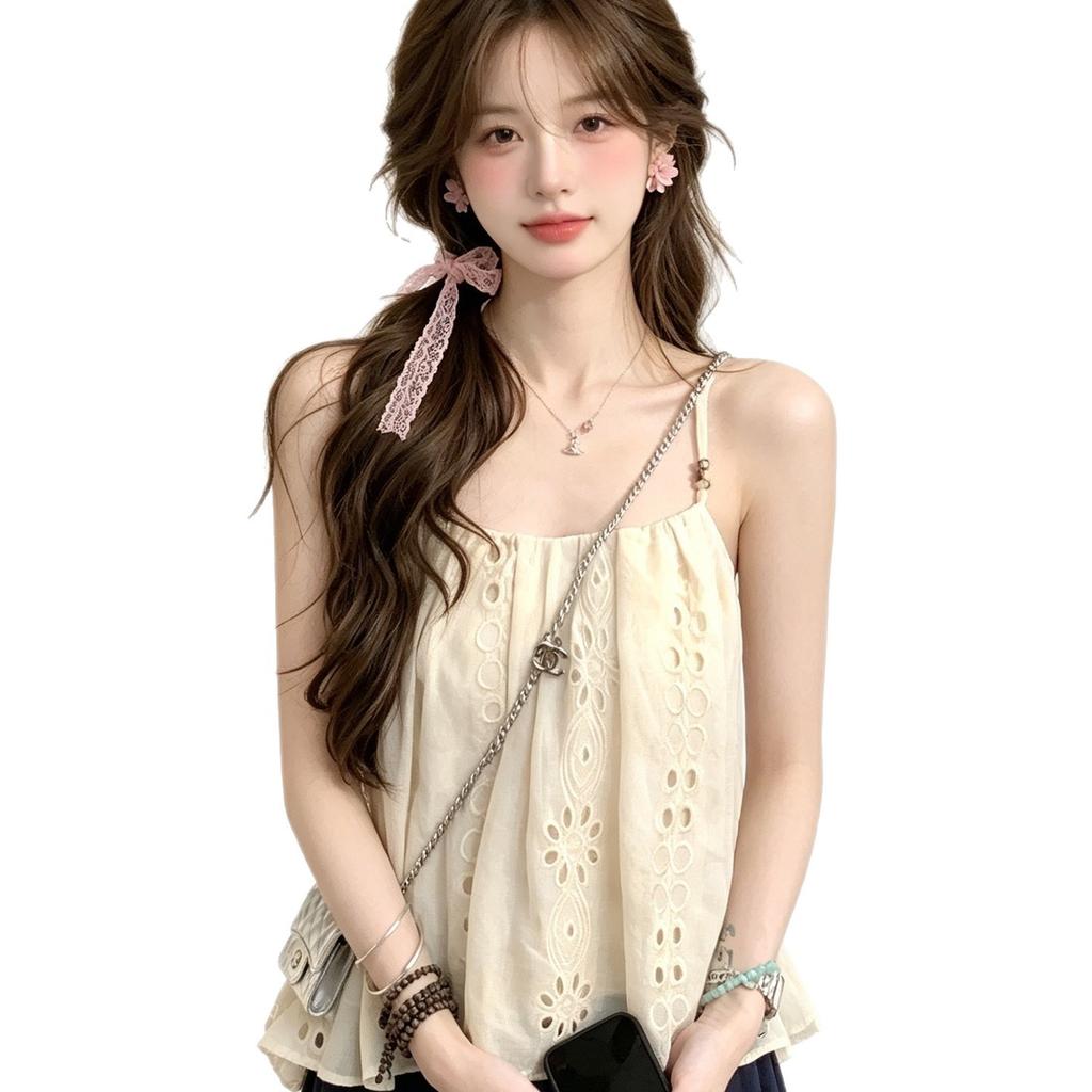Pure desire for vacation style temperament hollow embroidered beaded sling vest summer new small sweet short top