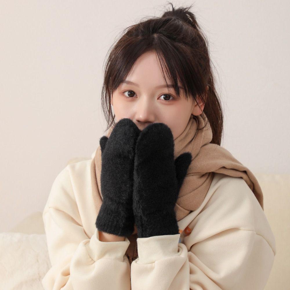 Fleece Knitted Gloves Full Fingers Winter Mittens Soft Plush Mittens  Skiing