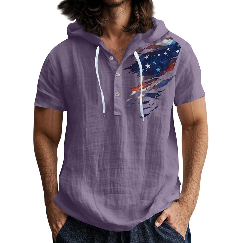 Lässiges T-Shirt mit kurzen Ärmeln und Kapuze für Herren mit Knopfleiste und offenem Hals