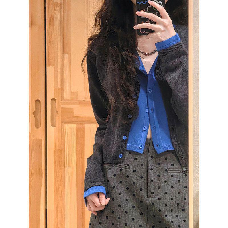 Женский новый поступление Ретро Цветной Блок Двухпредметный вид Кардиган Футболка - Ранняя Осень Повседневный Короткий Топ L серый