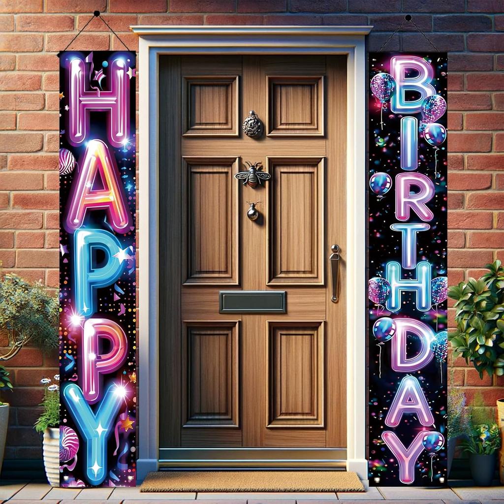 2 Pcs Happy Birthday Door Banner, Neon Lights Theme, Polyester Fabric, Easy to Hang, Indoor/Outdoor Use