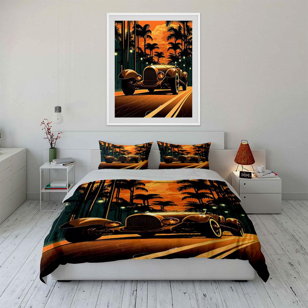 Vintage car, palm trees. Bedding sets Duvet cover sets Duvet covers Pillowcases(1 * Duvet Cover 2 * Pillowcases without duvet insert)
