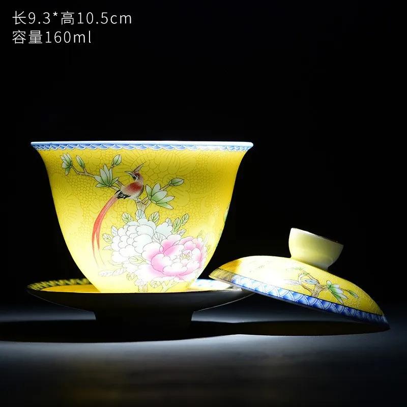 Chinese Kungfu Gaiwan Tea Tureen Intricately Designed Dragon and Phoenix Tea Cups with Elegant Ceramic Color Enamel Teaware