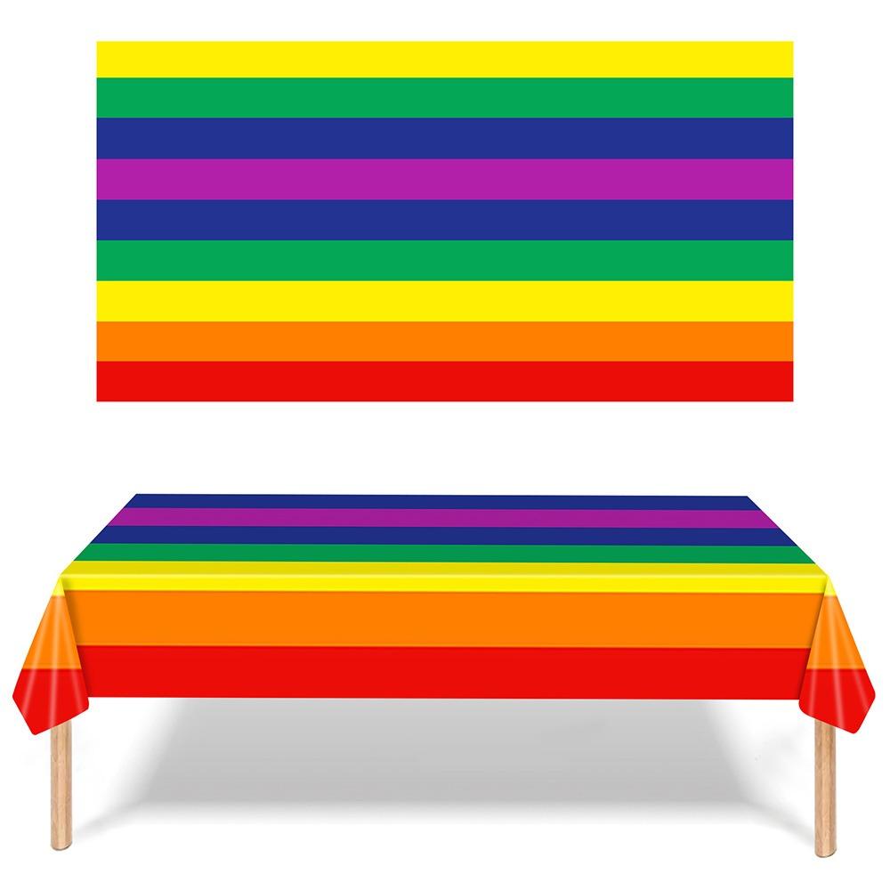 

Colorful Rainbow Striped Tableware Festive Party Tableware Set For Celebrations and Events Table Cloth
