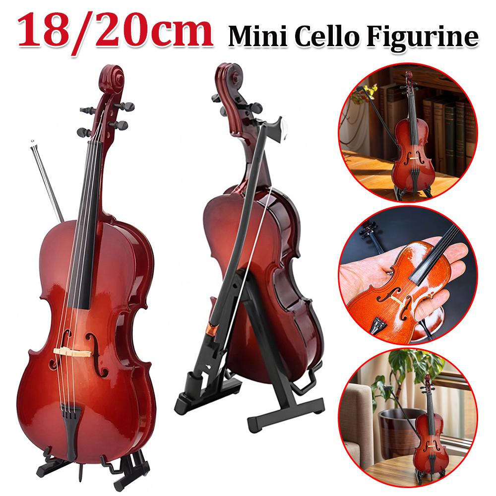 Wooden Miniature Cello -Stand & Bow Wood Violin Replica Collectible Figurines Dollhouse Accessories Model Home Display Ornament