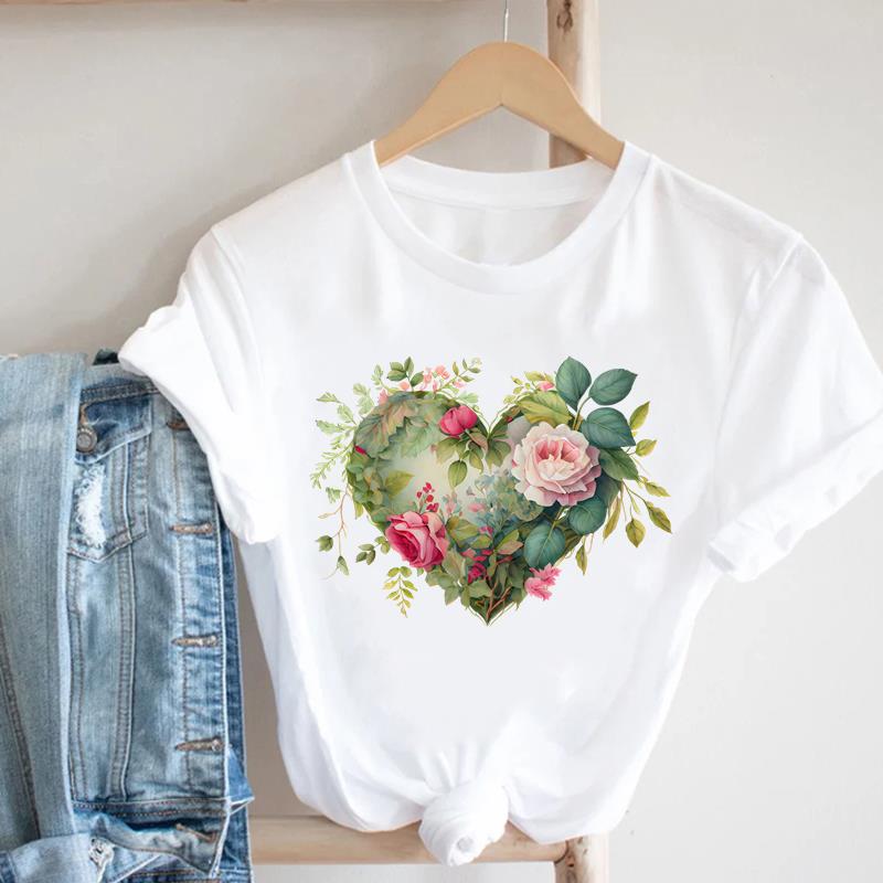 (Asian Size) letter love flower Lady Female Top Graphic Short Sleeve T-shirts Printed Fashion Clothing Women Casual T Shirt Tee