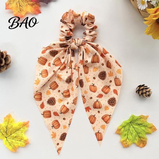 Elastic Hair Bands for Thick Fall Pumpkin Maple Leaf Tie Women, Bow Knot Ribbon Ponytail Skin Friendly Fabric Ties Holder, Soft Accessory Thanksgiving