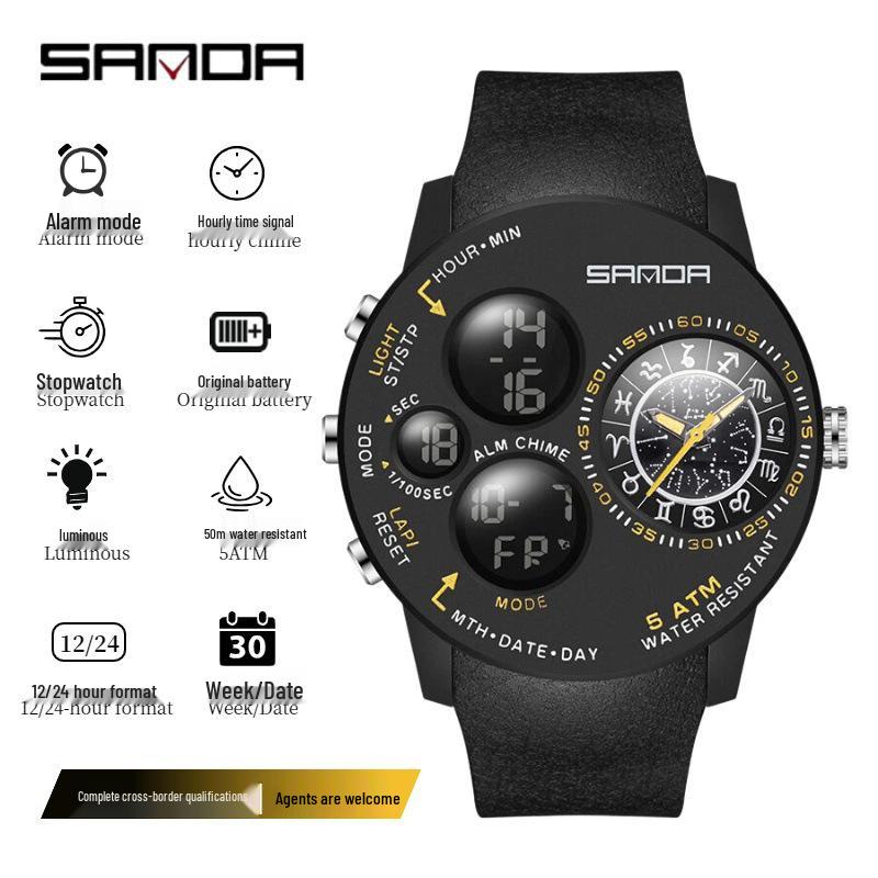Sanda Men's Multifunctional 12 Constellation Dial Waterproof Electronic Watch