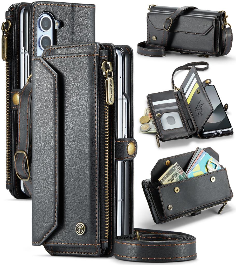 Custodia Per Samsung Galaxy Z Fold 7 6 5 4 Cinturino in Pelle PU Cerniera Porta Carte Portafoglio Telefono Custodia