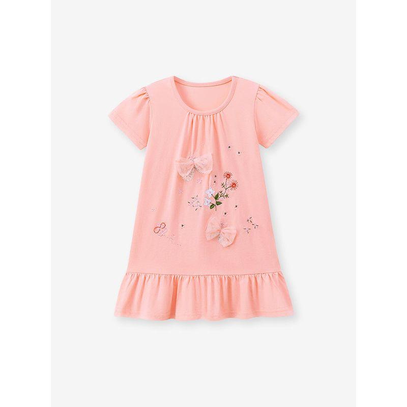 Sweet and Cute Style Girls' Dress Summer Pink Bow Print Kidsren's Short-Sleeved Mid-Length Skirt Knitted Skirt