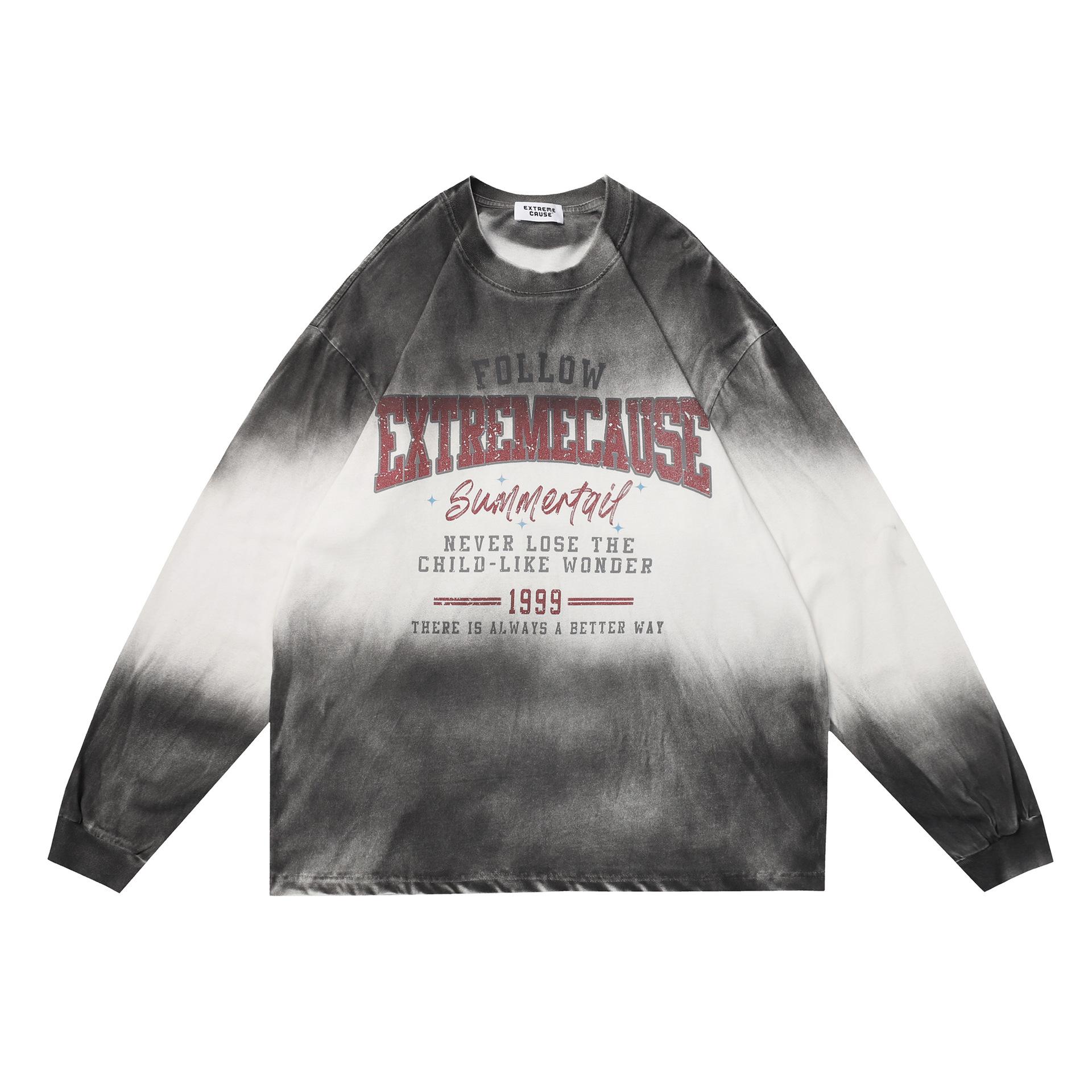 American street inkjet dirty dyed wasteland wind tee washed old sweater loose t-shirt long sleeve bottoming shirt S