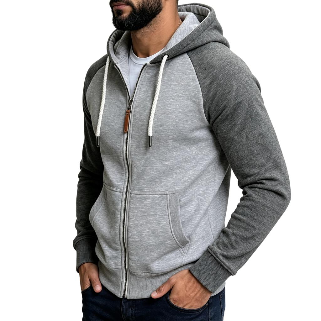Men's Casual Colorblock Hooded Jacket with Zipper and Large Pockets, Raglan Sleeve Long Sleeve Coat