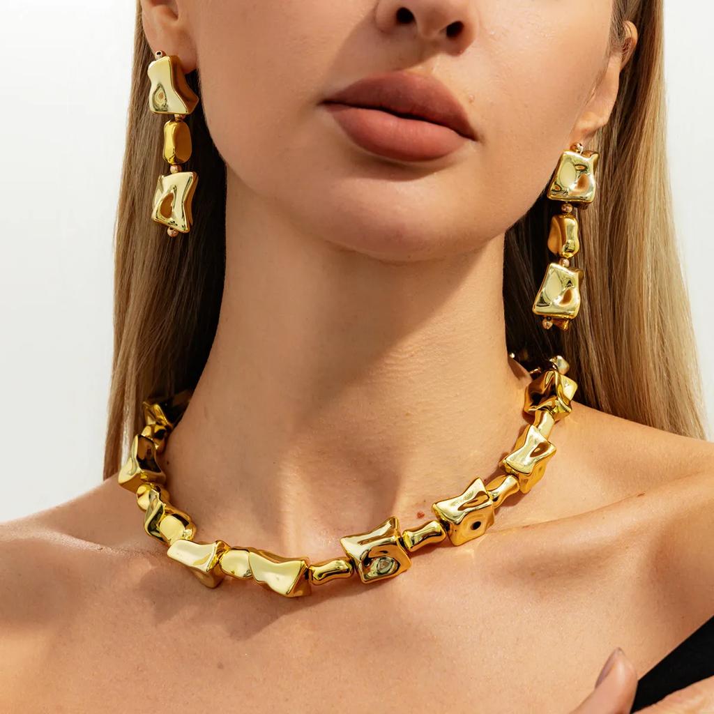 New Punk Trendy Irregular CCB Necklace Drop Earrings for Women Vintage Adjustable Clavicle Chain Party Grunge Jewelry Set