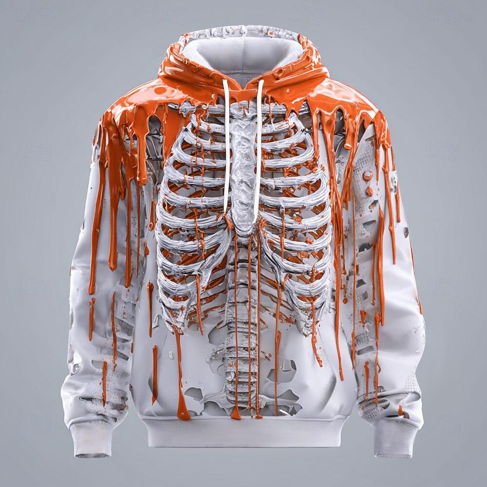 Halloween Men's 3D Skeleton Hoodie Sweatshirt Punk Exaggerated Crew Neck Club Streetwear Lake Blue Red Drawstring Fall Winter