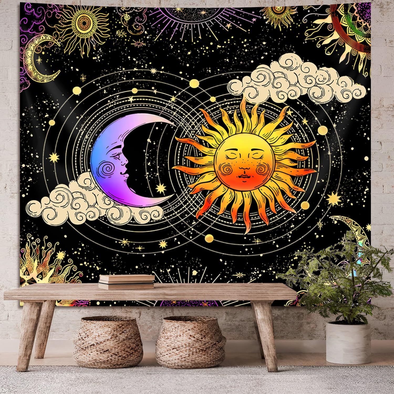 TVTLTVT Sunflower Tapestry Aesthetic Sun Spiritual Tapestries Aesthetic Vintage Stained Glass Butterfly Flower Tapestries for Bedroom Living Room Sun and Moon