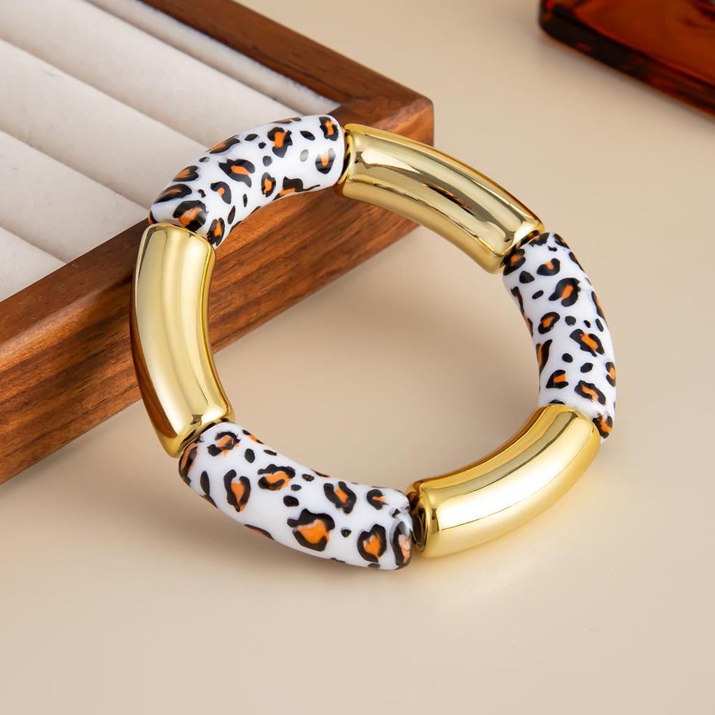 Bamboo Resin Leopard Joint Print Elastic Bracelet With Colorful Patchwork Bent Tube Design