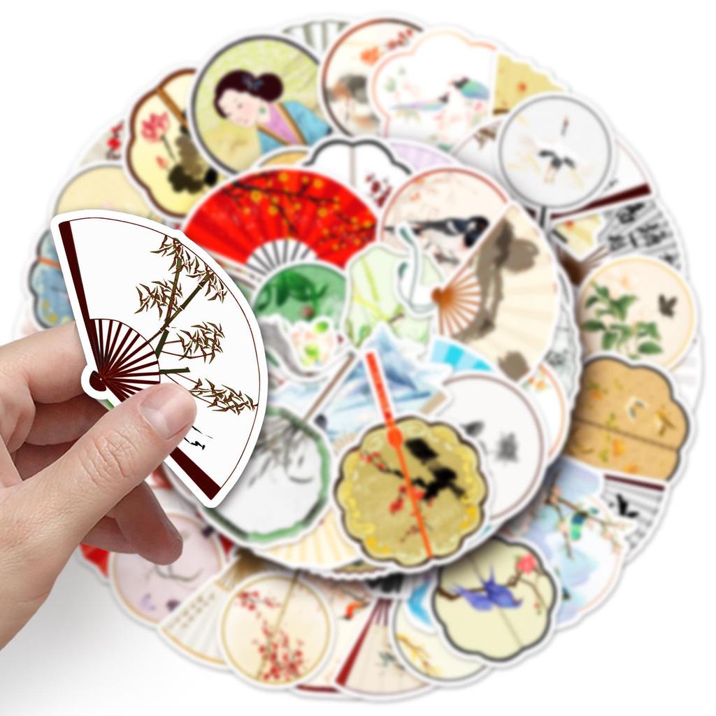 50 Chinese Style Fan Graffiti Stickers: Personalize Water Cups, Phones, Suitcases with Ancient Art