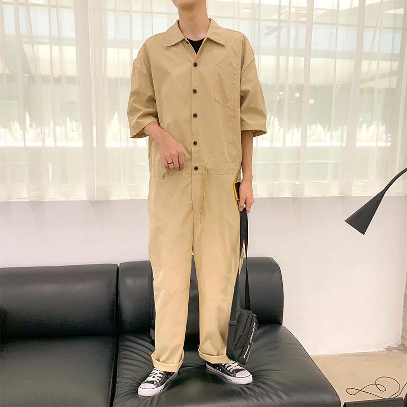 Men's Overalls Jumpsuits Summer Fashion Casual Nine Point Cargo Pants Japanese Retro Male Clothes Couple Loose Solid Color Suit