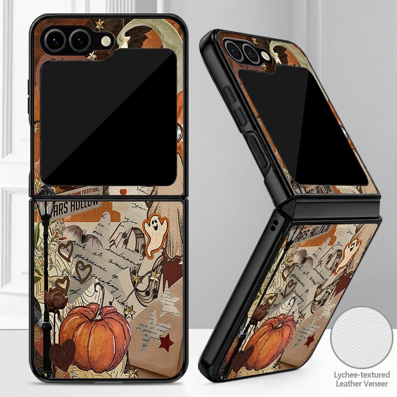 Funda de Halloween Linterna de Calabaza Fantasma Para Samsung Galaxy Z Flip 8 7 FE 6 5 4 Z Flip8 Flip7 Flip6 Flip5 Piel Híbrida de Cuero Bumper Duro de PC Cubierta