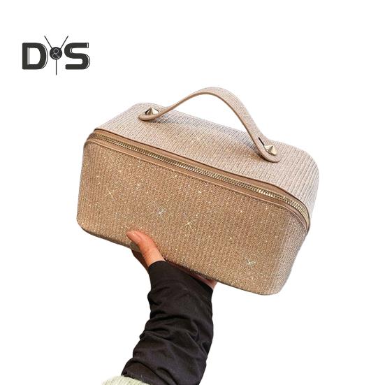 

Косметичка с ручкой, блестящая поверхность, съемный дизайн, застежка-молния, большая вместимость, водонепроницаемая дорожная косметичка для кистей по уходу за кожей золотистый